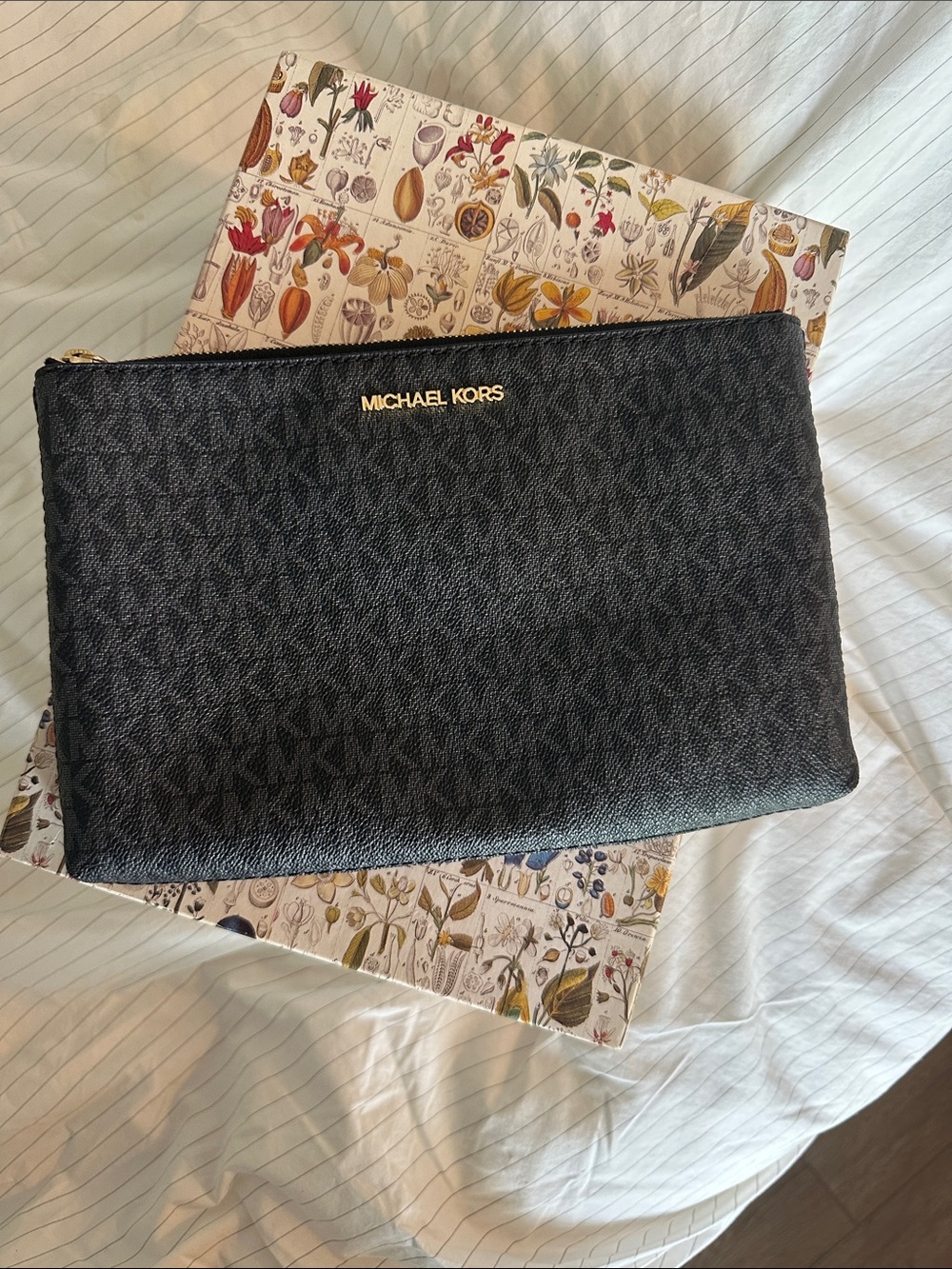 Michael Kors Black Logo-Print Zip Pouch with Gold Hardware